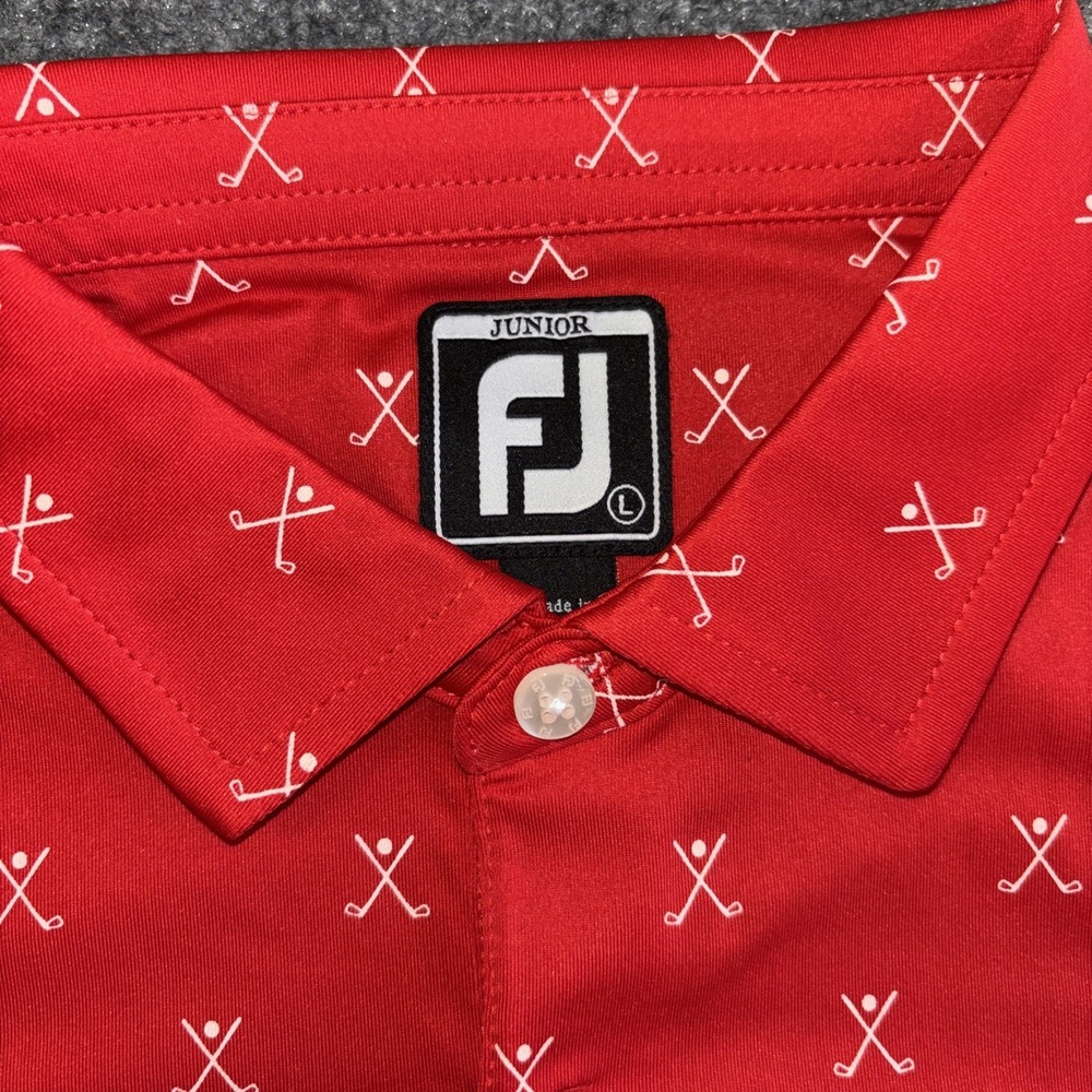 Footjoy Junior L Golf Shirt Red Detroit Golf Club Print Polo 20424 Boys Large - Picture 3 of 6